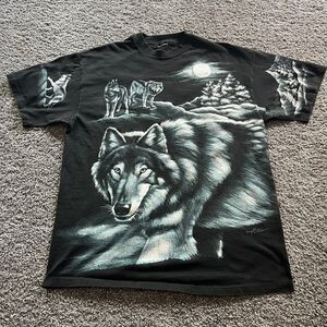 VTG‎ 90s Wolves Wolf Nature Moon All Over Print T Shirt Sz Large Black Harlequin
